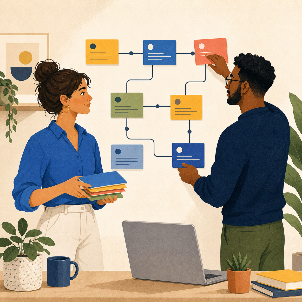 Two colleagues mapping the handoff from a signed customer to onboarding and delivery