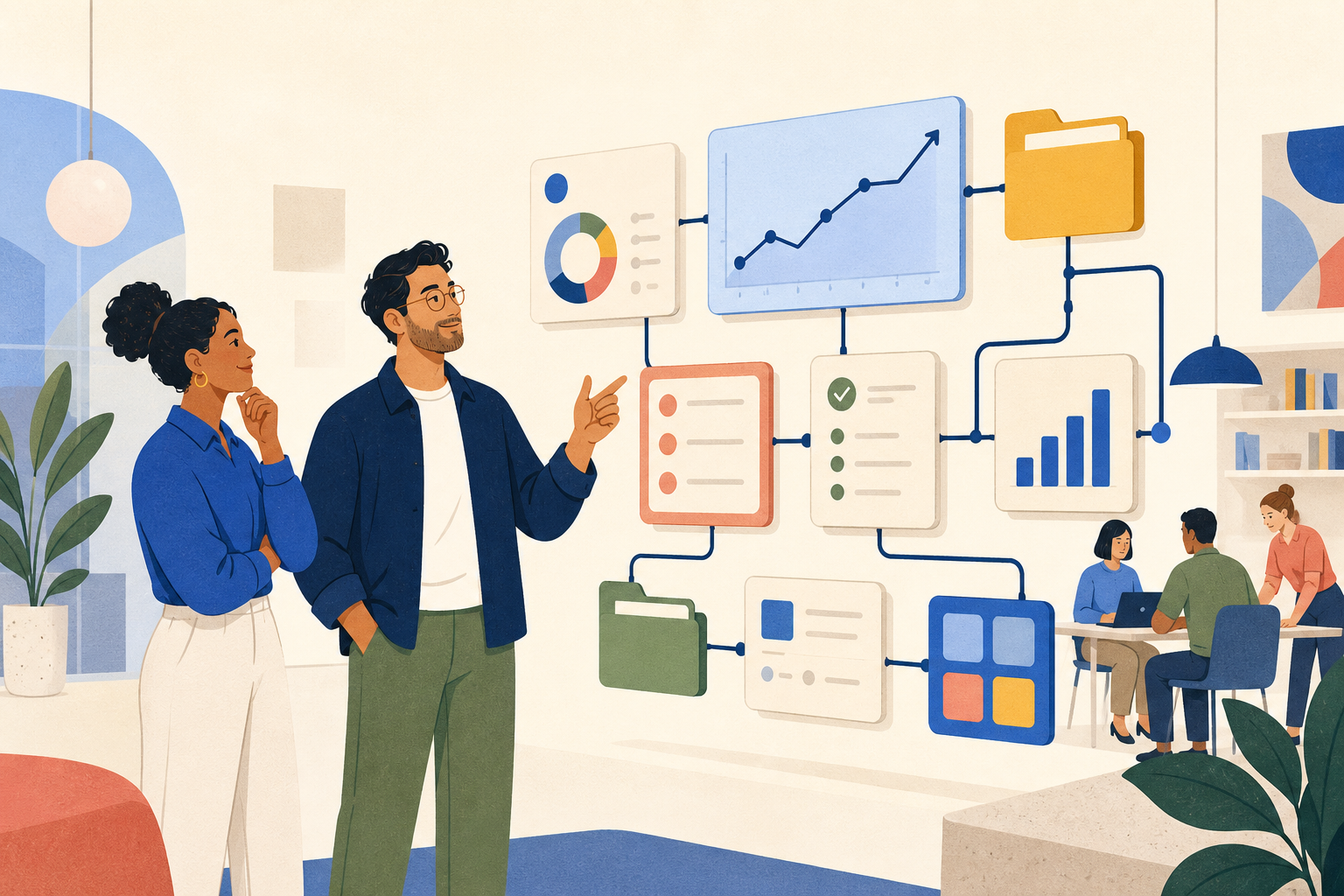 Colleagues reviewing a clear operational system that connects existing business tools